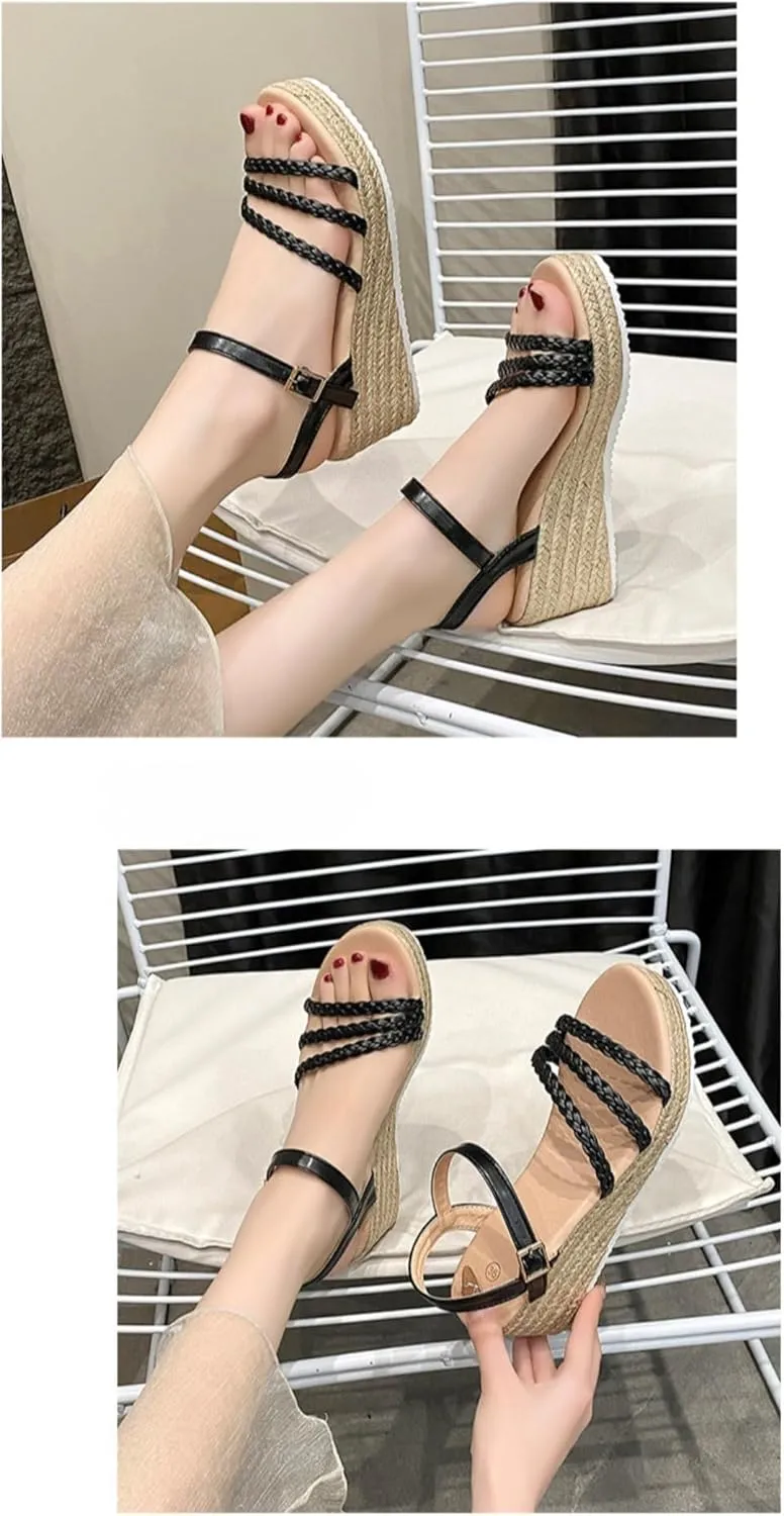 Rattan Sandals Raffia Wedge Espadrilles for Women Platform Straw Woven Slingback Dress Shoes Slip on House Slippers Lightweight Breathable Open Toe Casual Jute Slides Summer Beach Party Vacation