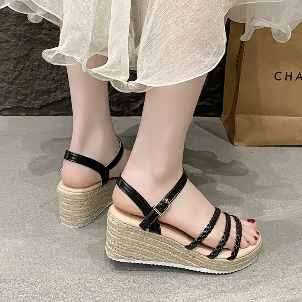 Rattan Sandals Raffia Wedge Espadrilles for Women Platform Straw Woven Slingback Dress Shoes Slip on House Slippers Lightweight Breathable Open Toe Casual Jute Slides Summer Beach Party Vacation