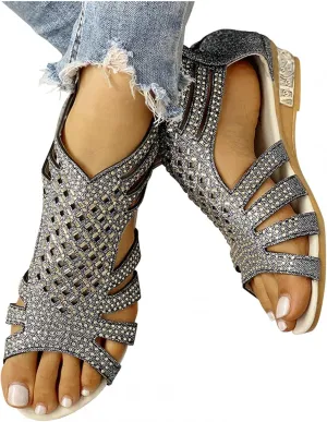 Sandals for Women Casual Summer Womens Sandals Low Wedge Heel Peep Toe Wrapped Zipper Beach Diamond Dressy Sandalias Sandals