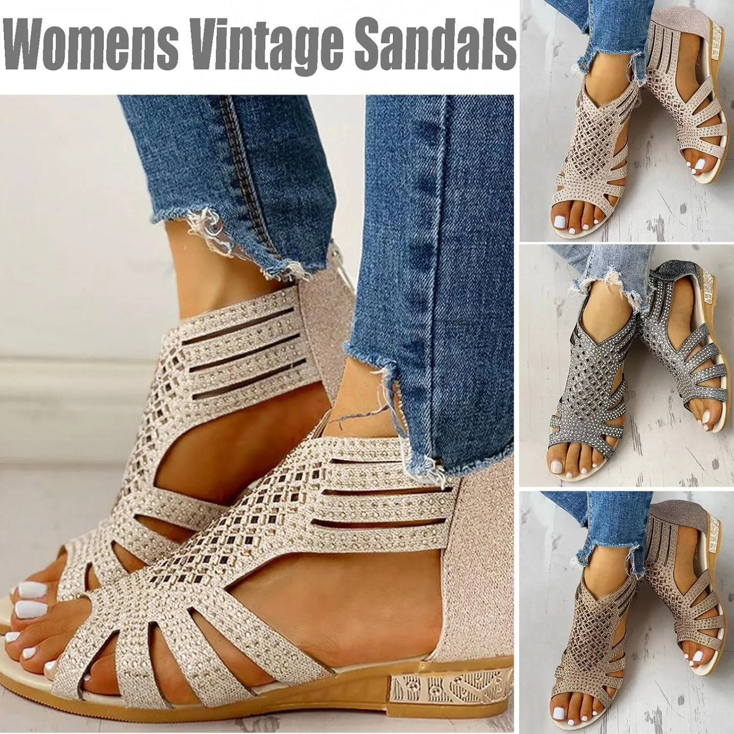 Sandals for Women Casual Summer Womens Sandals Low Wedge Heel Peep Toe Wrapped Zipper Beach Diamond Dressy Sandalias Sandals