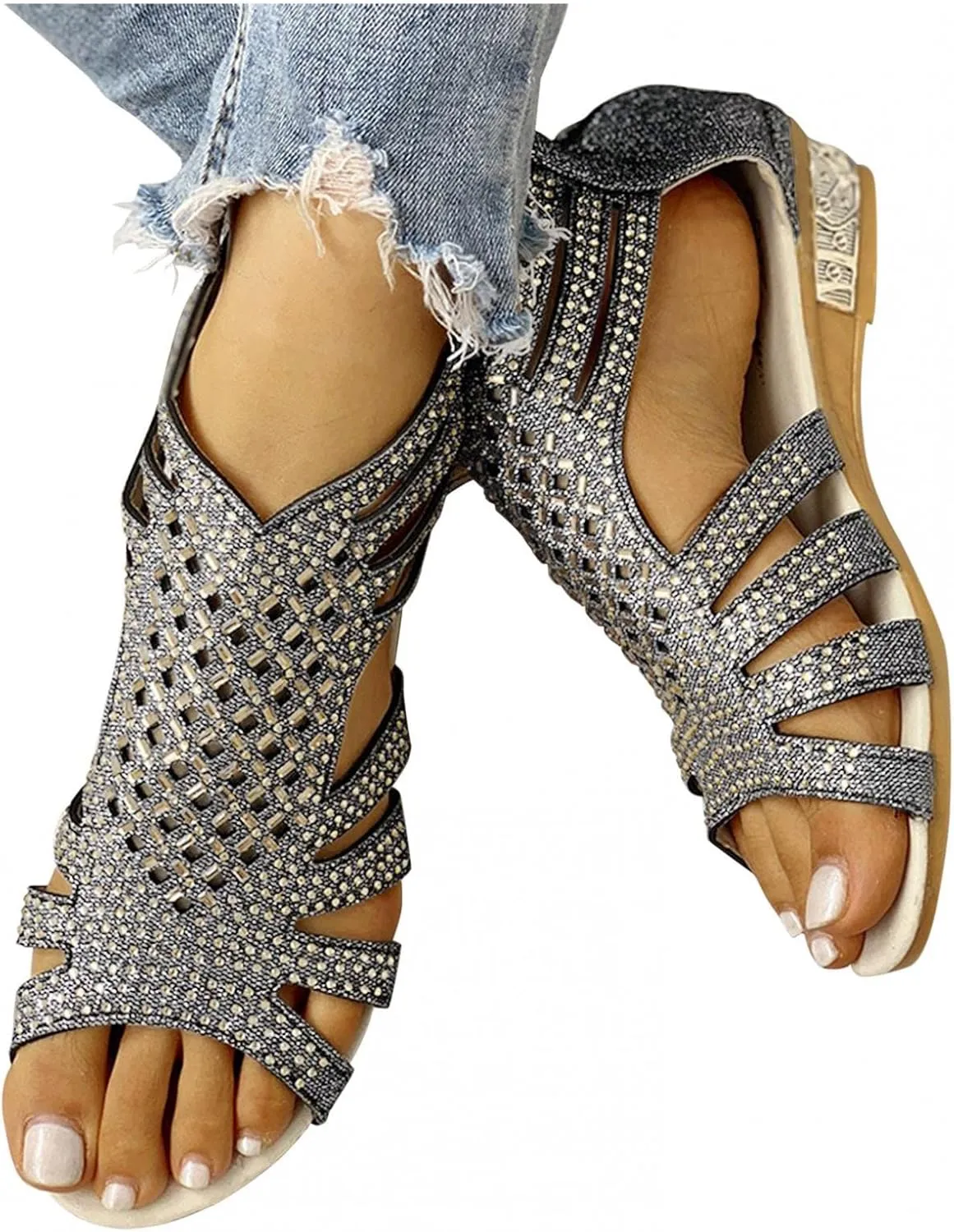 Sandals for Women Casual Summer Womens Sandals Low Wedge Heel Peep Toe Wrapped Zipper Beach Diamond Dressy Sandalias Sandals