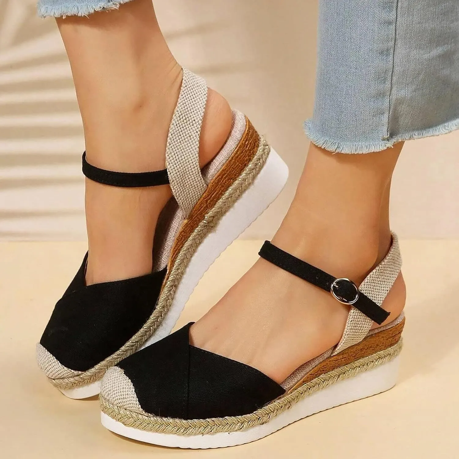 Sandals for Women Closed Toe Crisscross Elastic Ankle Strap Platform Espadrille Wedge Sandals Adjustable Buckle Flat Slide Sandals Canvas Wedge Sandals