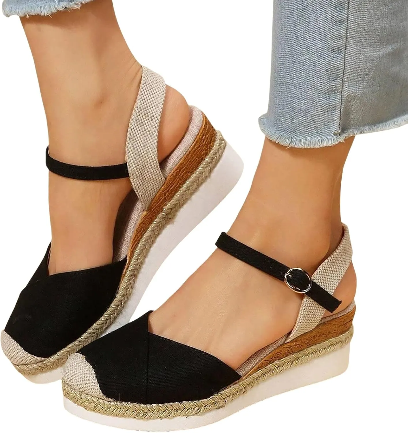 Sandals for Women Closed Toe Crisscross Elastic Ankle Strap Platform Espadrille Wedge Sandals Adjustable Buckle Flat Slide Sandals Canvas Wedge Sandals