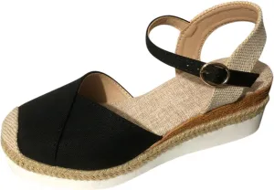 Sandals for Women Closed Toe Crisscross Elastic Ankle Strap Platform Espadrille Wedge Sandals Adjustable Buckle Flat Slide Sandals Canvas Wedge Sandals