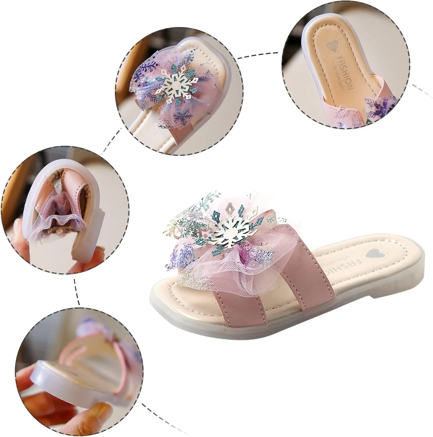 Sequins Snowflake Slides for Girls, Sweet Cute Princess Daily Home Bathroom Shower Sandals, Kids Streetwear Slippers