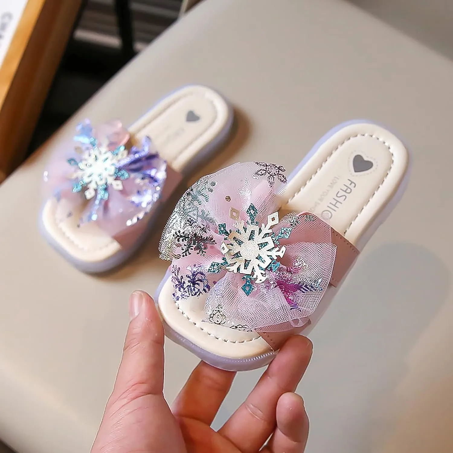 Sequins Snowflake Slides for Girls, Sweet Cute Princess Daily Home Bathroom Shower Sandals, Kids Streetwear Slippers