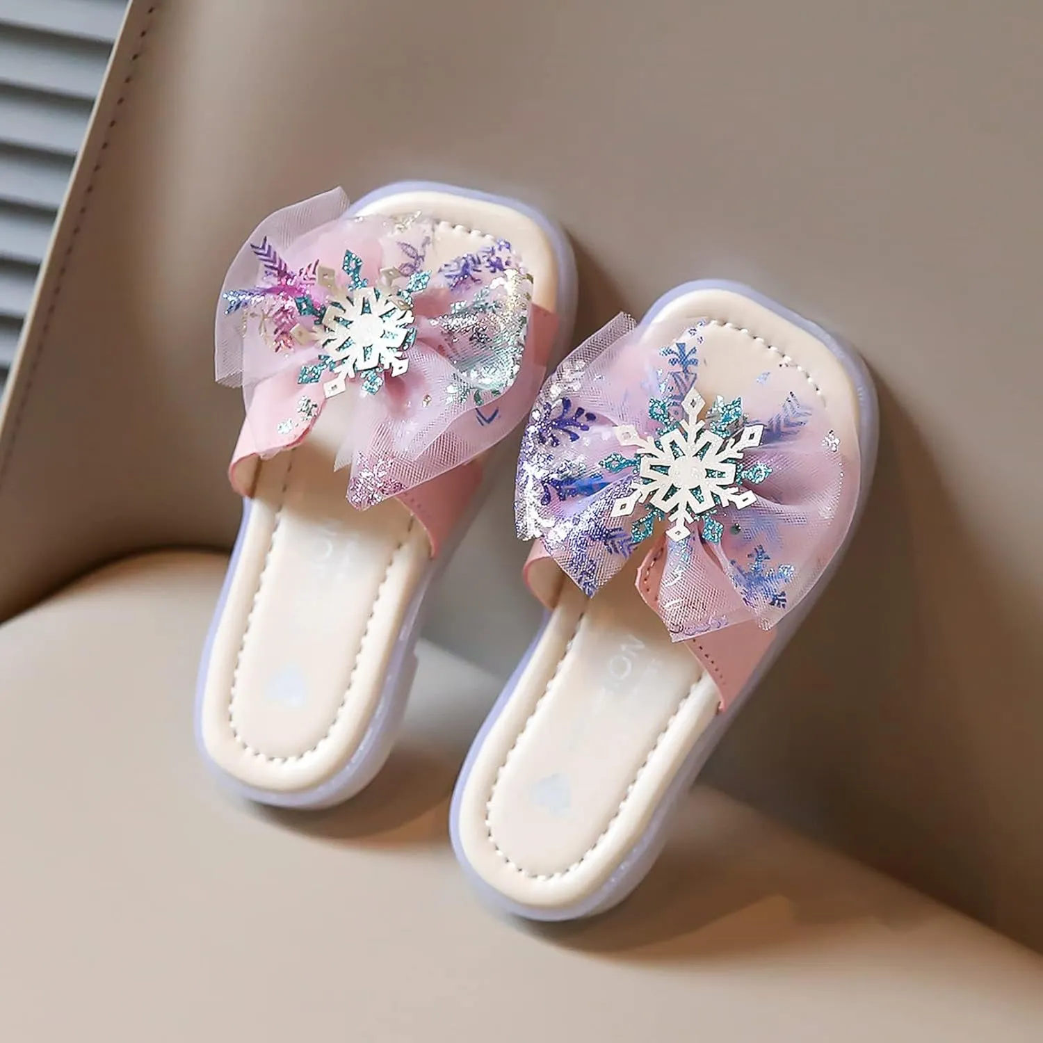 Sequins Snowflake Slides for Girls, Sweet Cute Princess Daily Home Bathroom Shower Sandals, Kids Streetwear Slippers