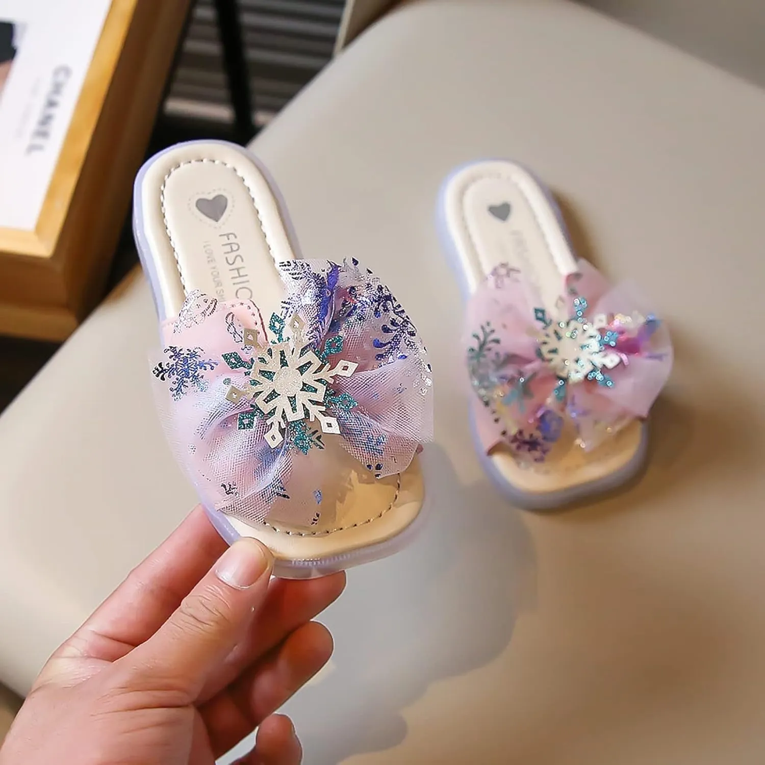 Sequins Snowflake Slides for Girls, Sweet Cute Princess Daily Home Bathroom Shower Sandals, Kids Streetwear Slippers