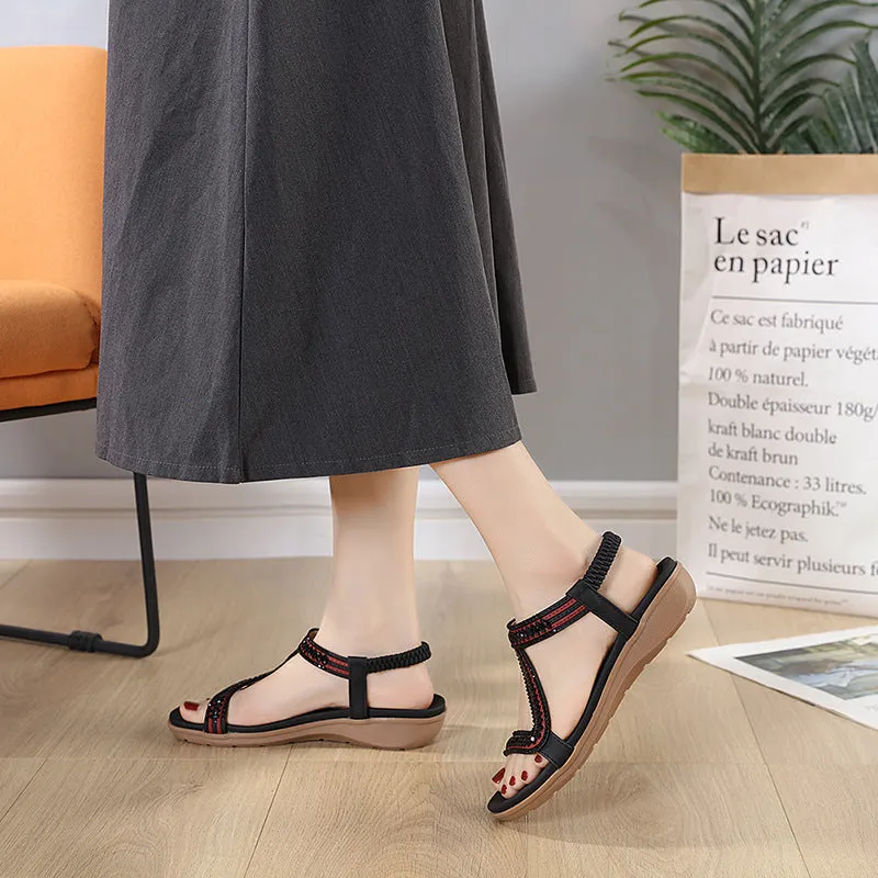 SIKETU | Comfortable Beaded Flat Sandals With Elastic Ankle Strap