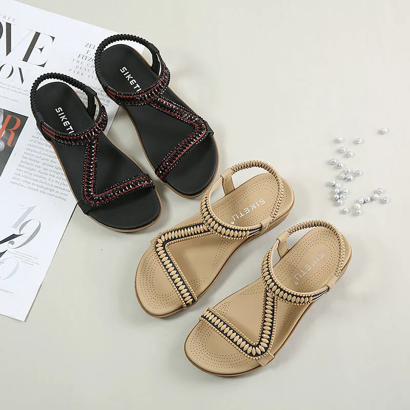 SIKETU | Comfortable Beaded Flat Sandals With Elastic Ankle Strap