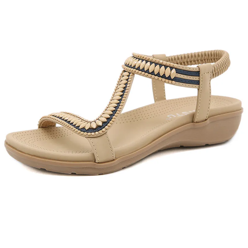 SIKETU | Comfortable Beaded Flat Sandals With Elastic Ankle Strap