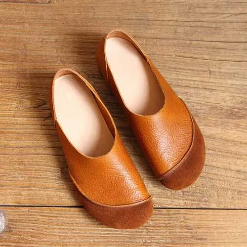 SOCOFY Soft Leather Slip On Pattern Match Casual Flat Shoes