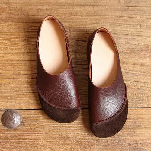 SOCOFY Soft Leather Slip On Pattern Match Casual Flat Shoes