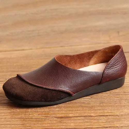 SOCOFY Soft Leather Slip On Pattern Match Casual Flat Shoes