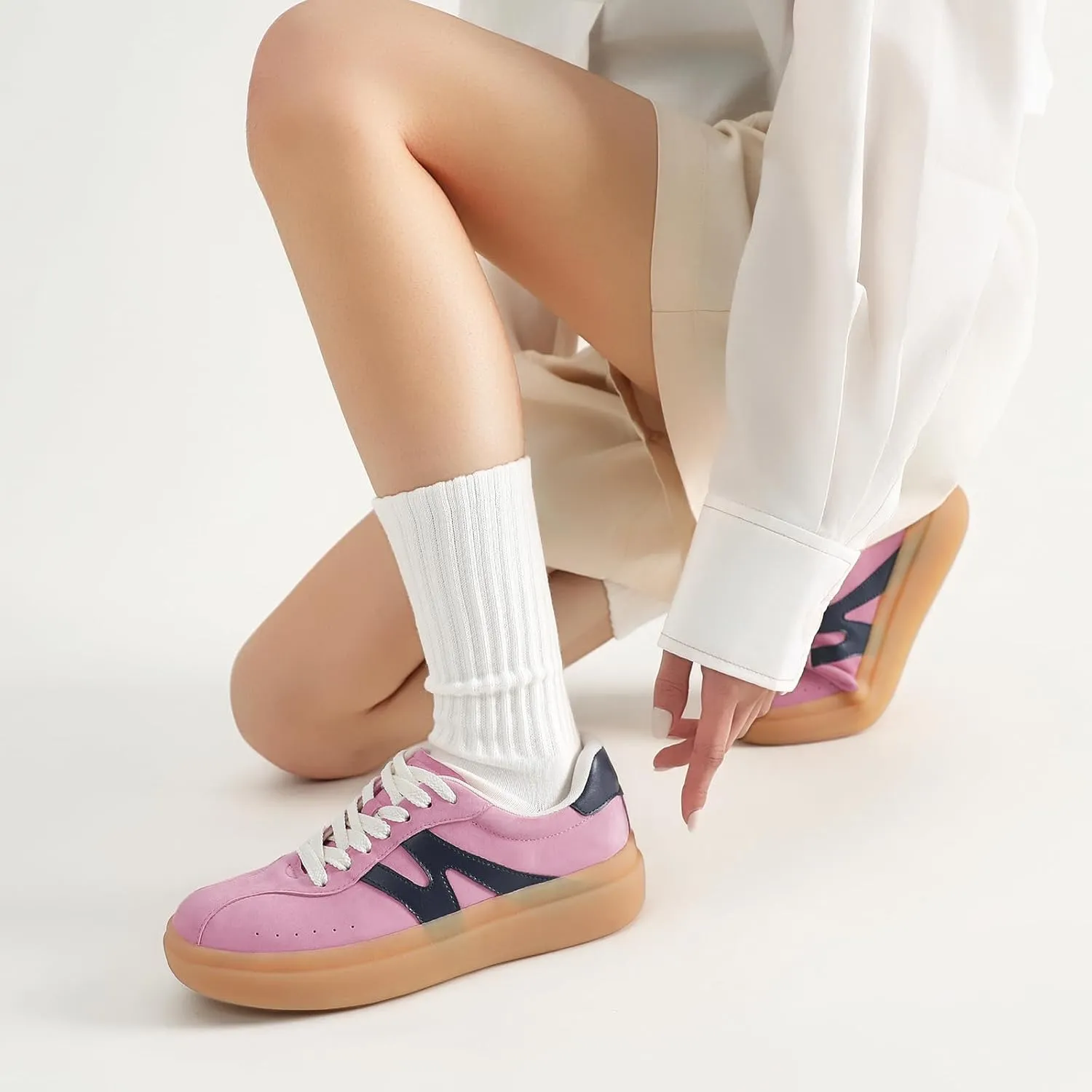 somiliss Sneakers for Women Genuine Leather Suede Upper Non-Slip TPR Outsole Tennis Walking Shoes for Women Fashion Sneakers