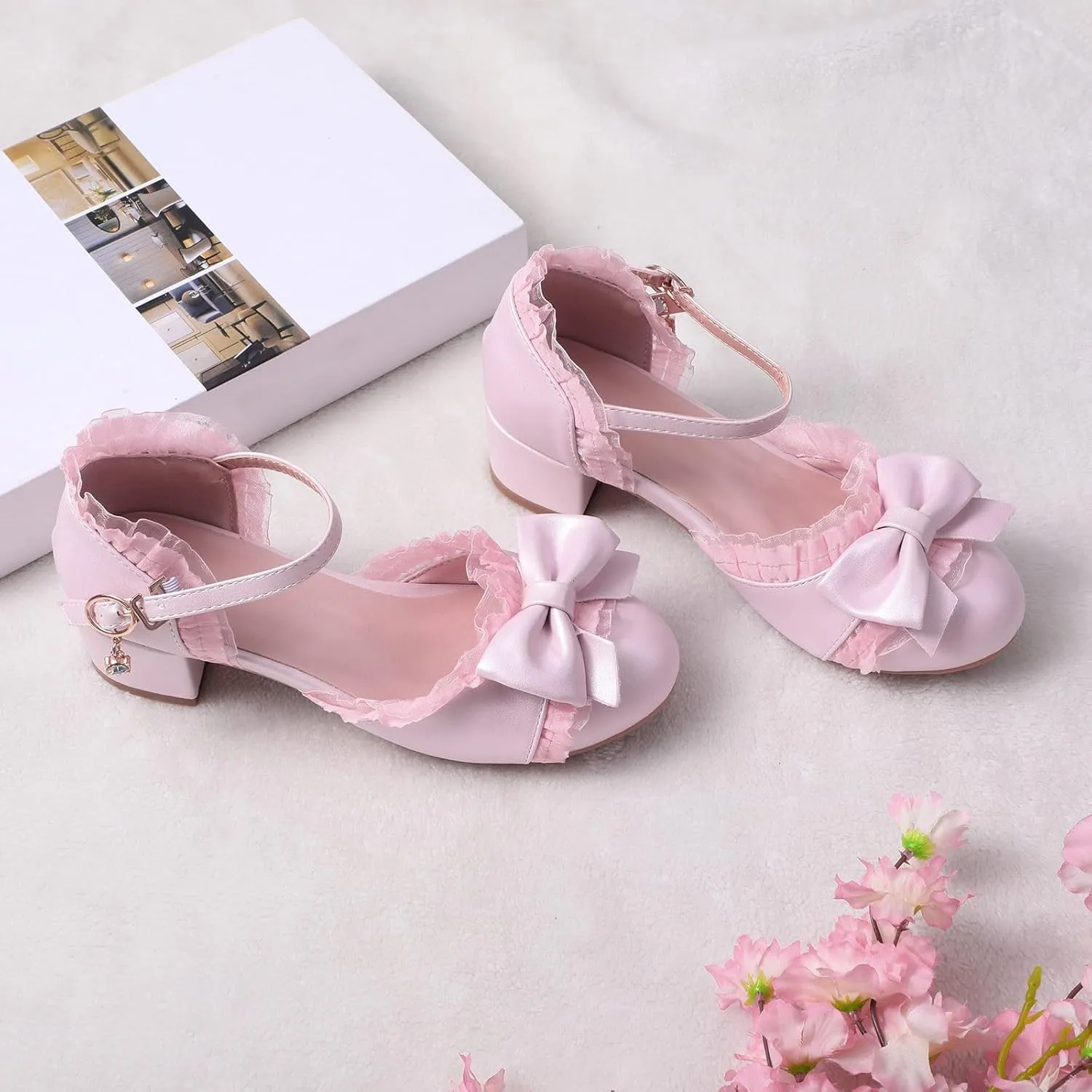 Toddler Girls Bow Tie Dress Shoes Heels Flower Girl Wedding High School Prom Shoes Ankle Strap Slip On Slippers