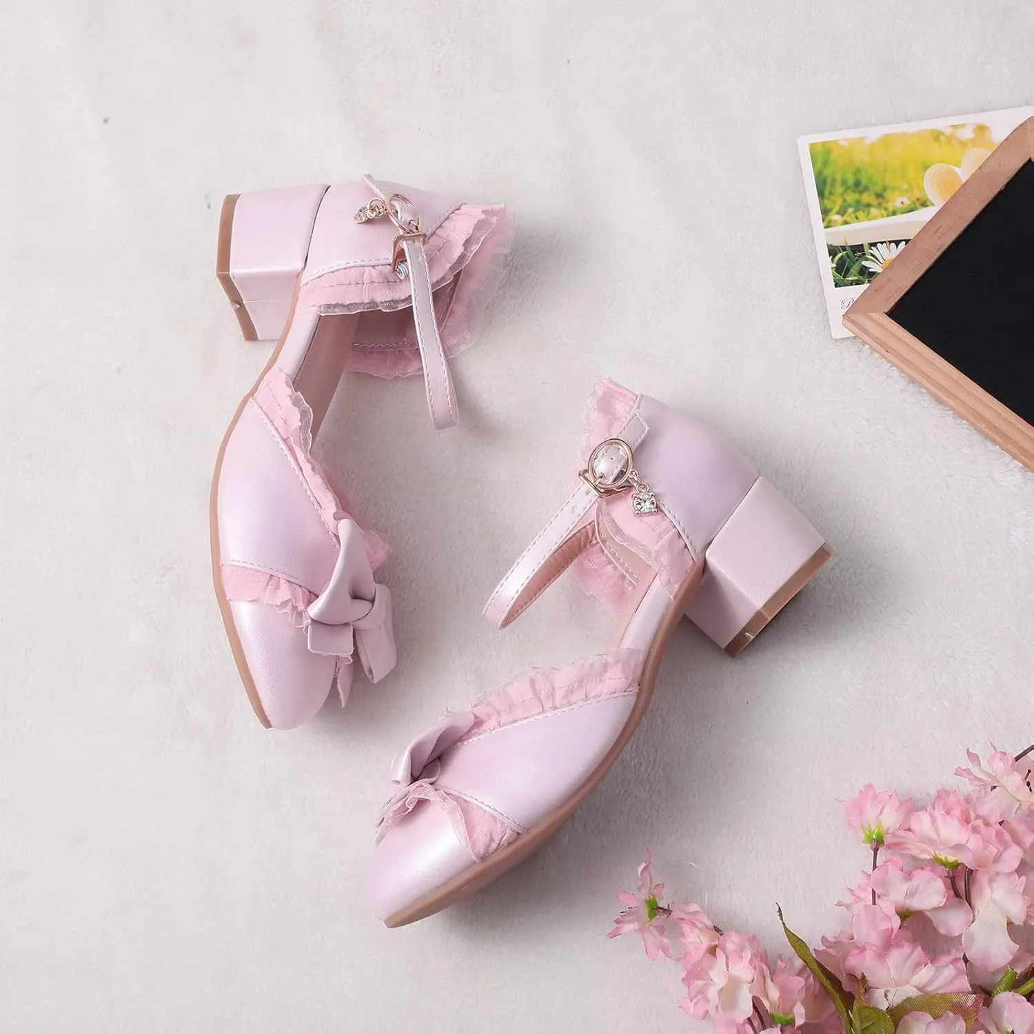 Toddler Girls Bow Tie Dress Shoes Heels Flower Girl Wedding High School Prom Shoes Ankle Strap Slip On Slippers