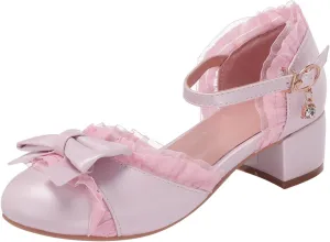 Toddler Girls Bow Tie Dress Shoes Heels Flower Girl Wedding High School Prom Shoes Ankle Strap Slip On Slippers