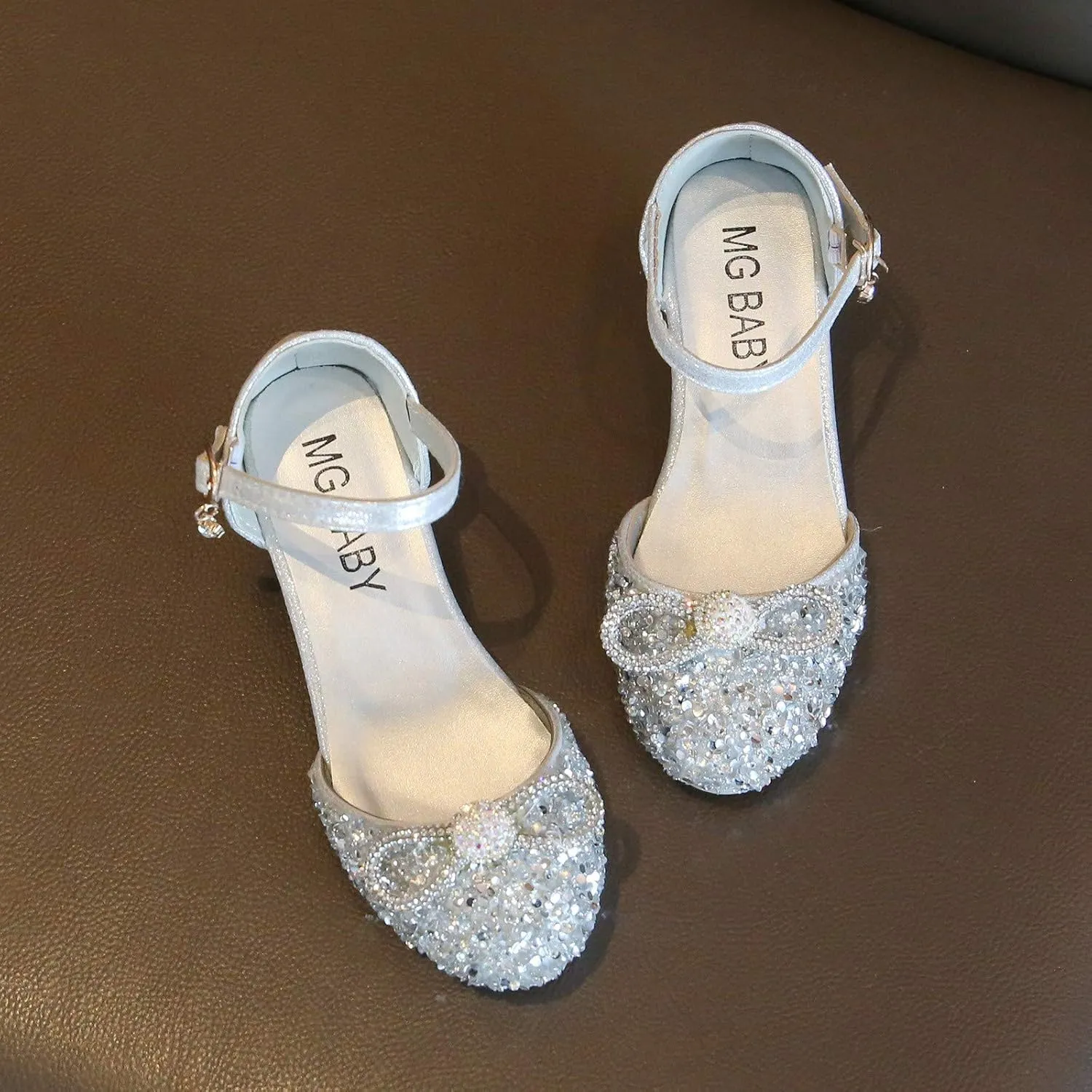 Toddler Girls Dress Shoes Flower Pearls Shoes Mary Jane Shoes Bowknot Ballerina Dance Shoes Crystal Princess Shoes