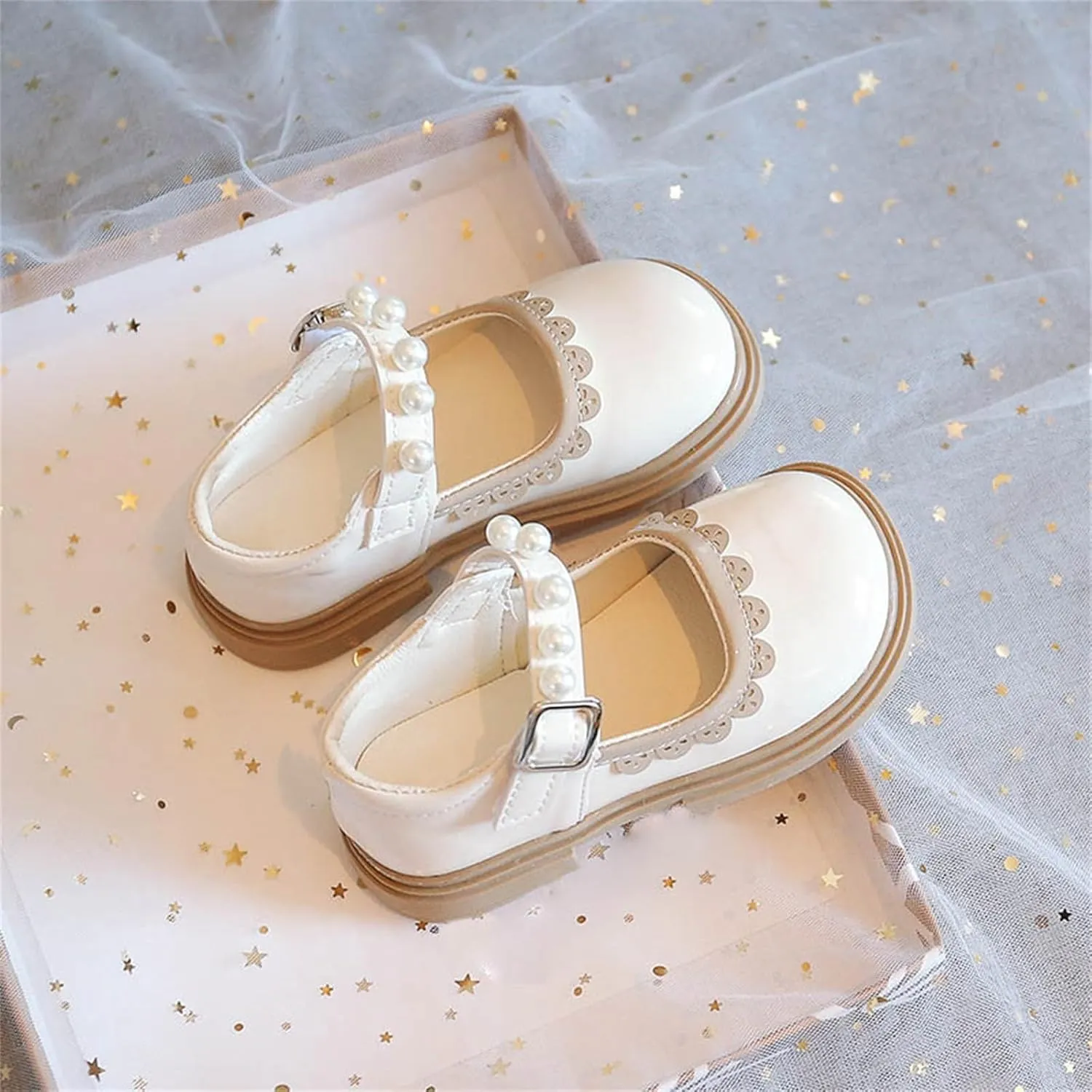 Toddler Girls Mary Jane Dress Shoes Ballet Flats for Party School Kids Pearl Strap Princess Shoes Soft Sole Sandals