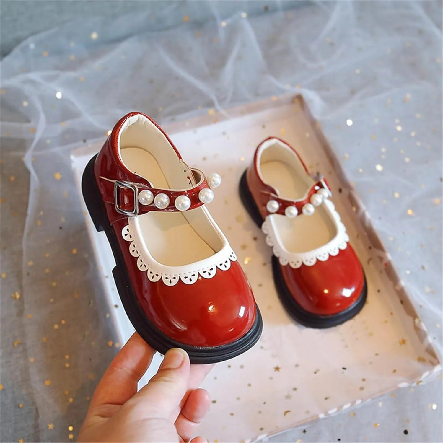 Toddler Girls Mary Jane Dress Shoes Ballet Flats for Party School Kids Pearl Strap Princess Shoes Soft Sole Sandals
