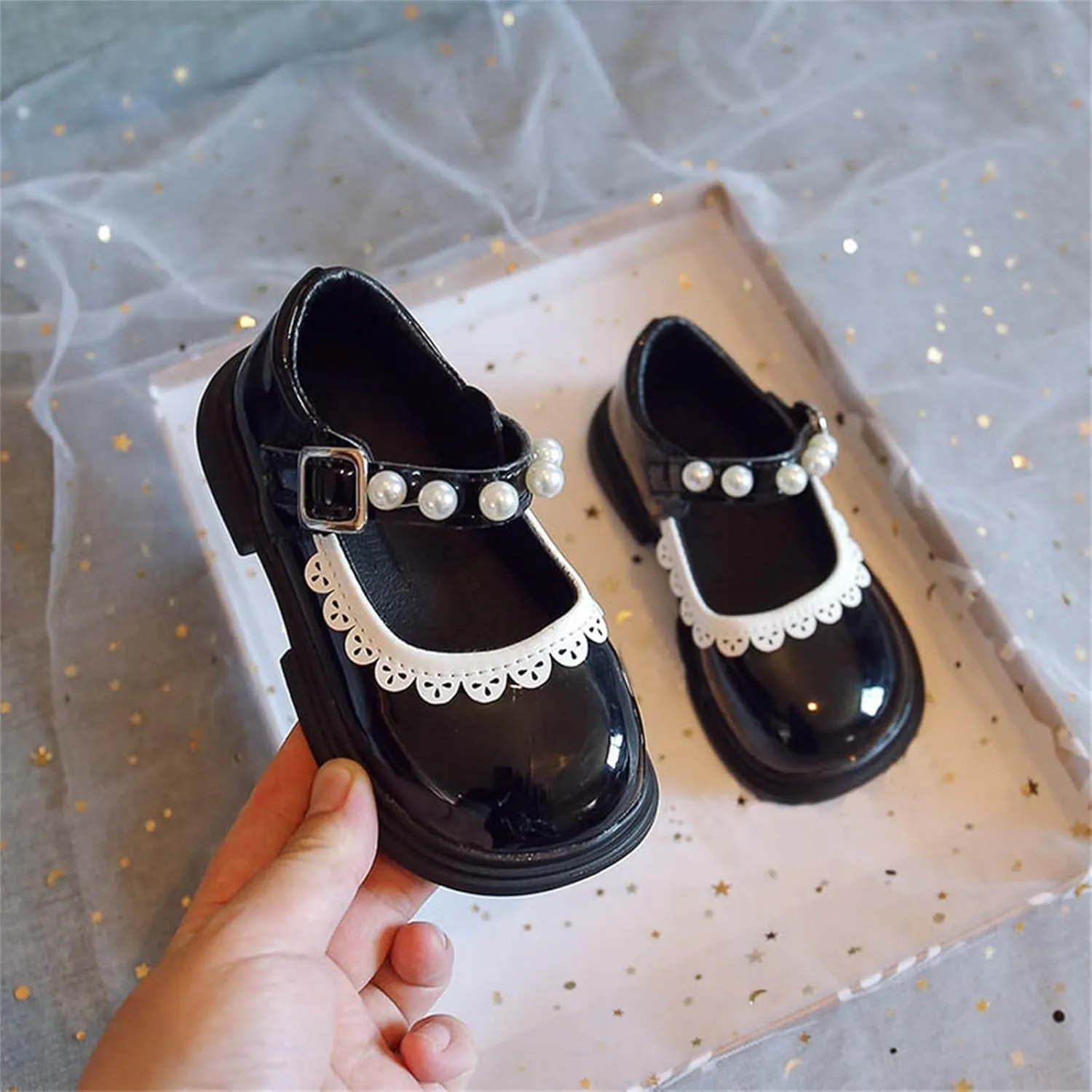 Toddler Girls Mary Jane Dress Shoes Ballet Flats for Party School Kids Pearl Strap Princess Shoes Soft Sole Sandals