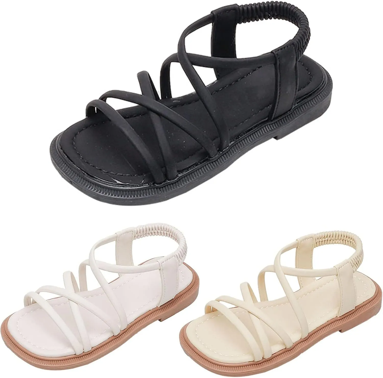 Toddler Girls Open Toe Sandals Elastic Ankle Strap Dress Shoes Beach Anti-Slip Strappy Soft Flat Sandal for Kids