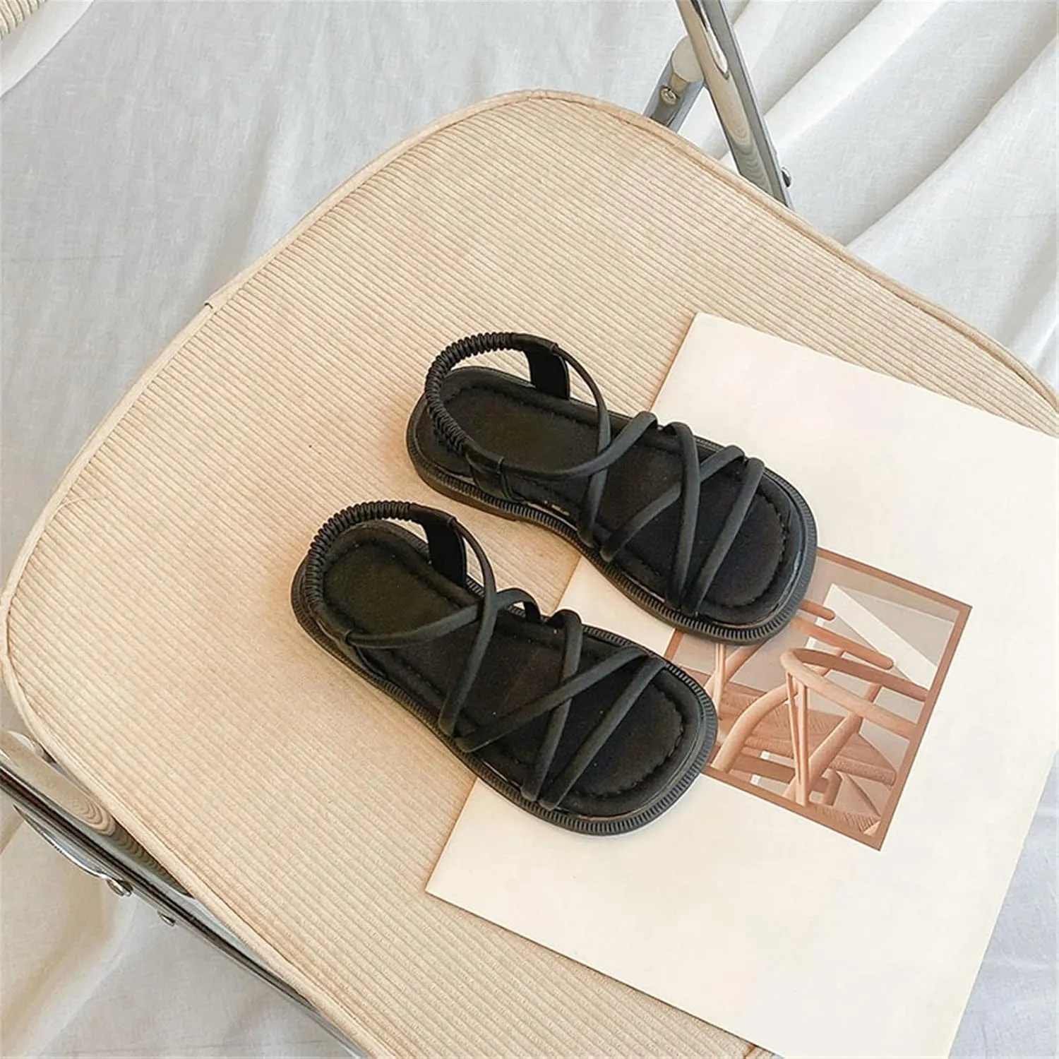 Toddler Girls Open Toe Sandals Elastic Ankle Strap Dress Shoes Beach Anti-Slip Strappy Soft Flat Sandal for Kids
