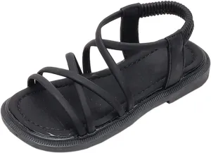 Toddler Girls Open Toe Sandals Elastic Ankle Strap Dress Shoes Beach Anti-Slip Strappy Soft Flat Sandal for Kids