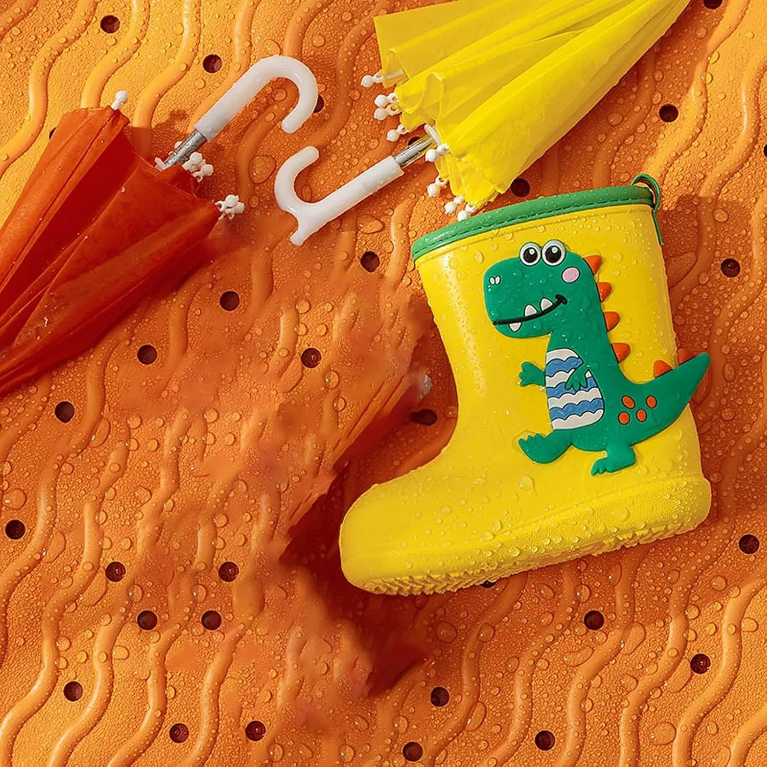 Toddler Kids Waterproof Rain Boots Rubber Sole Cute 3D Dinosaur Pull On Rainboots Boys Girls Soft Water Shoes