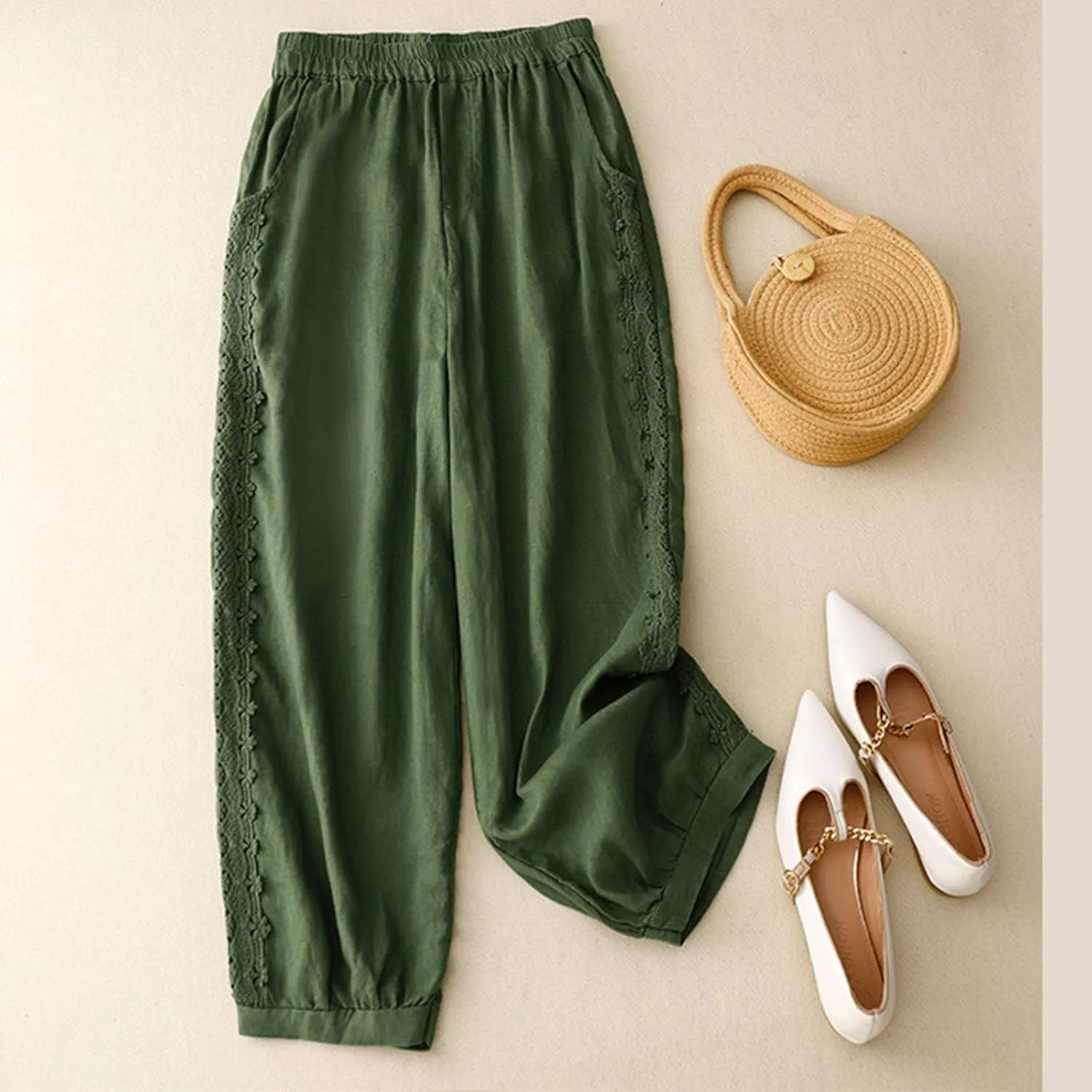 TUNUSKAT Womens Linen Wide Leg Capris Summer Lounge Beach Cotton Capri Pants High Waist Flowy Crop Trousers Vacation Outfits