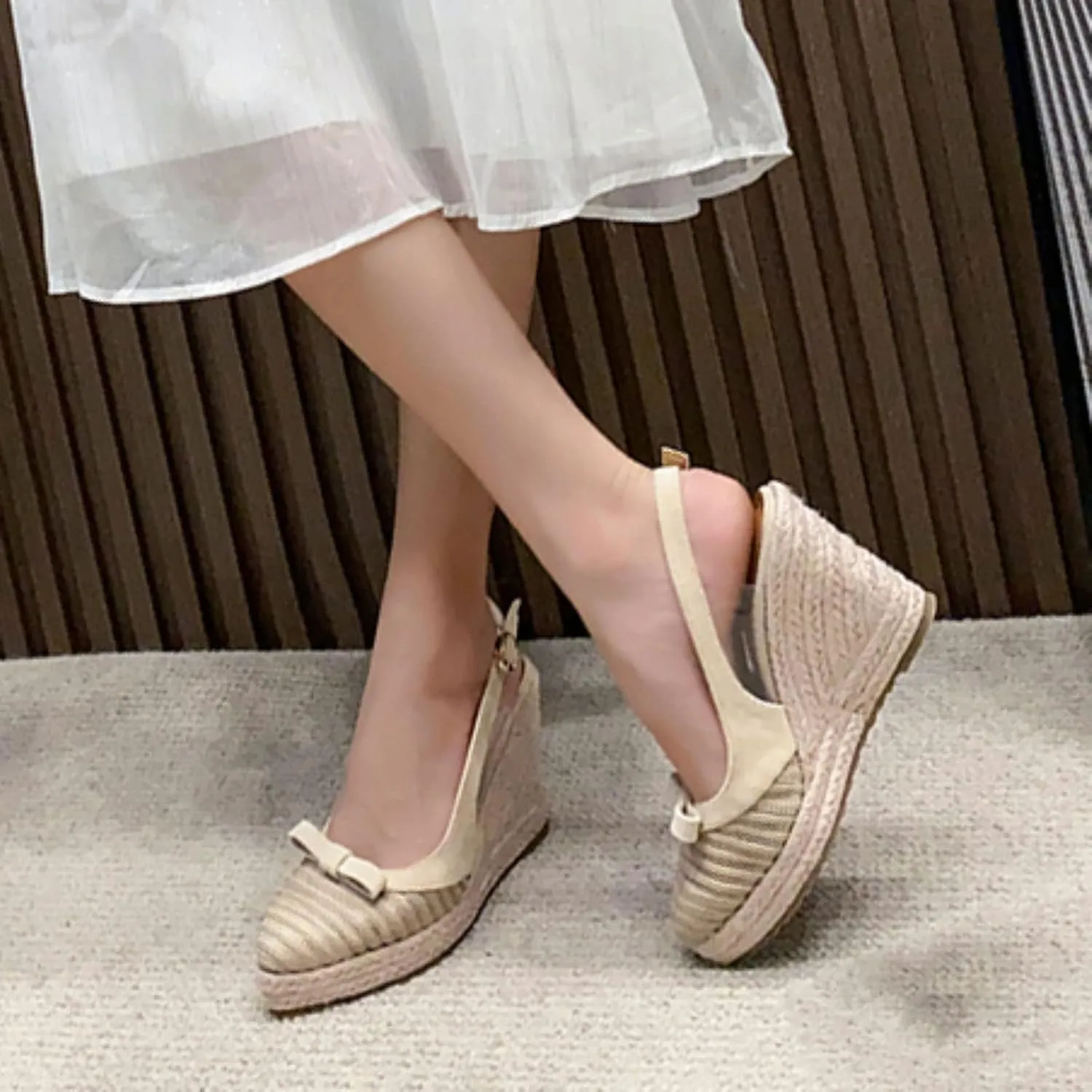 Wedge Heel French Fisherman Shoes 2022 Summer New Thick Sole Straw Woven Espadrilles Close Toe Sandals High Heel