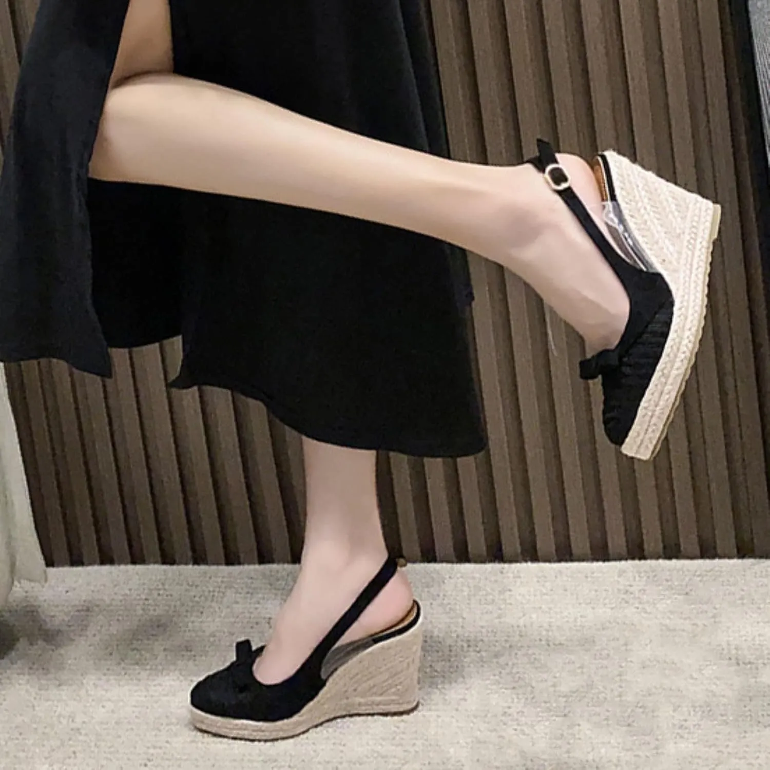 Wedge Heel French Fisherman Shoes 2022 Summer New Thick Sole Straw Woven Espadrilles Close Toe Sandals High Heel