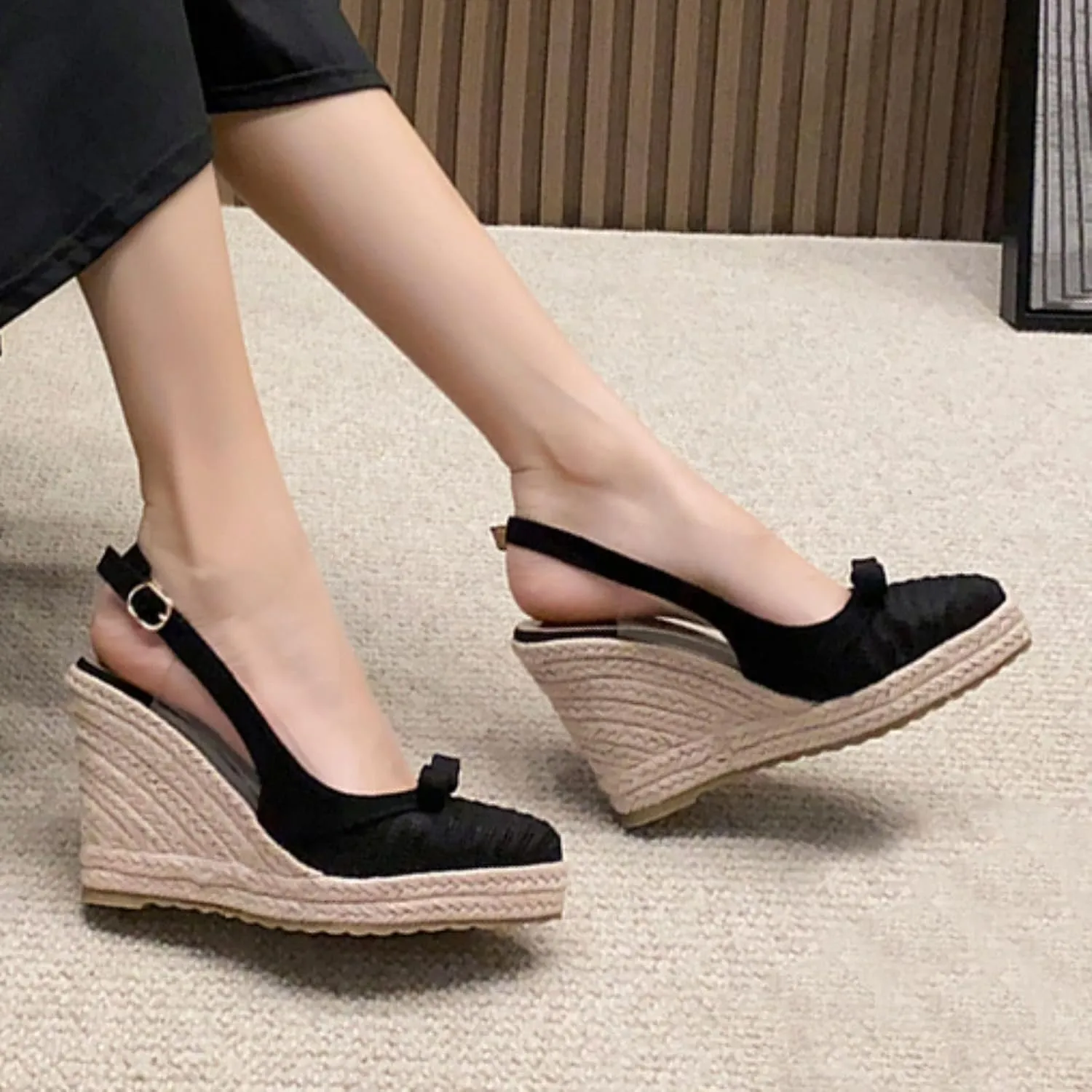 Wedge Heel French Fisherman Shoes 2022 Summer New Thick Sole Straw Woven Espadrilles Close Toe Sandals High Heel