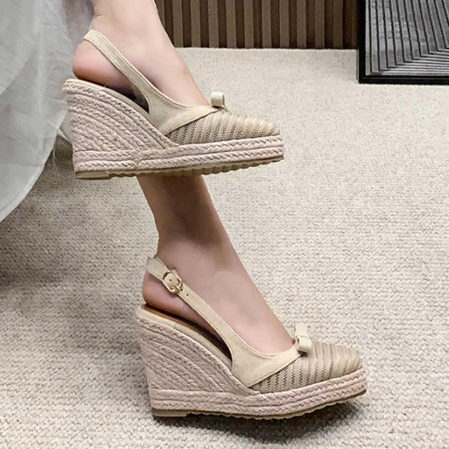Wedge Heel French Fisherman Shoes 2022 Summer New Thick Sole Straw Woven Espadrilles Close Toe Sandals High Heel