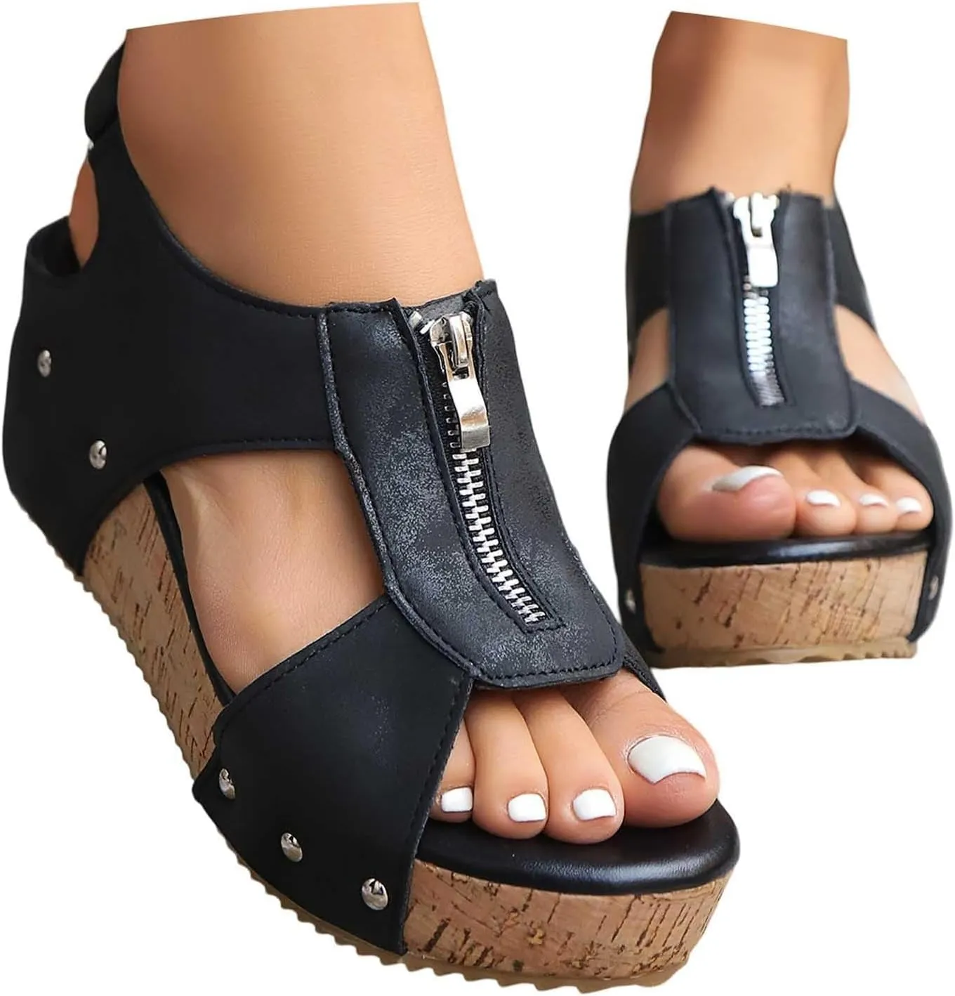 Wedge Sandals for Women Dressy Platform Open Toe Sandals Comfortable Non-Slip Orthopedic Shoes Summer Casual Arch Support Shoes Slip On Sandal with Zipped