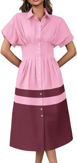 Wenrine Womens Summer Button Down Shirt Dress Casual Color Block V Neck Short Sleeve Corset Maxi Dresses