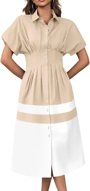 Wenrine Womens Summer Button Down Shirt Dress Casual Color Block V Neck Short Sleeve Corset Maxi Dresses