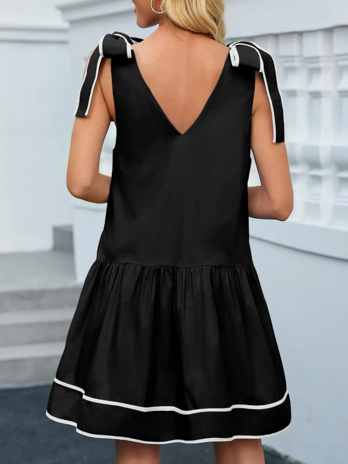 Wenrine Womens Summer V Neck Mini Dress Tie Shoulder Sleeveless Contrast Loose Casual Beach Dresses