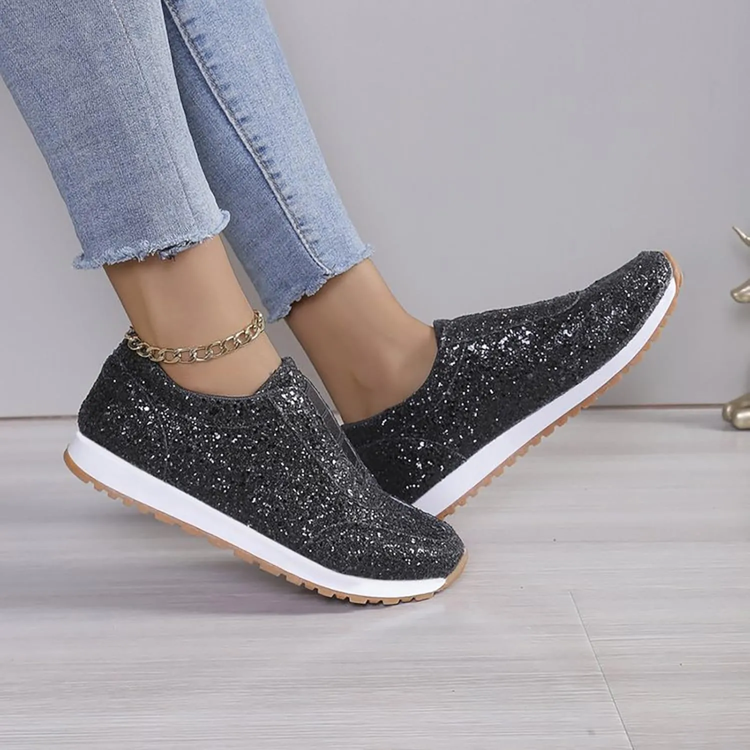 Woman Tennis Shoes, Fashion Sequin Athletic Shoes Comfortable Slip On Running Sneakers Causal Walking Workout Shoes