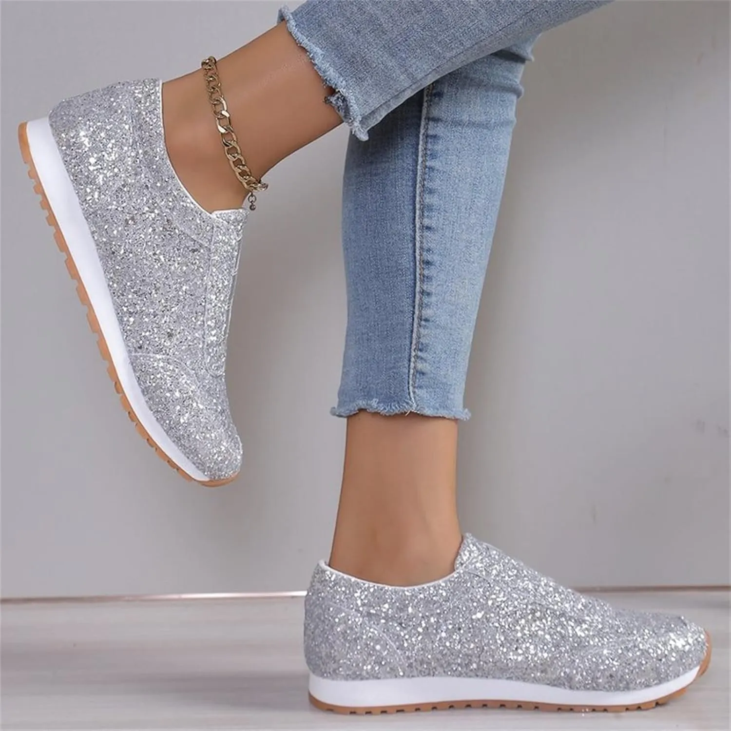 Woman Tennis Shoes, Fashion Sequin Athletic Shoes Comfortable Slip On Running Sneakers Causal Walking Workout Shoes