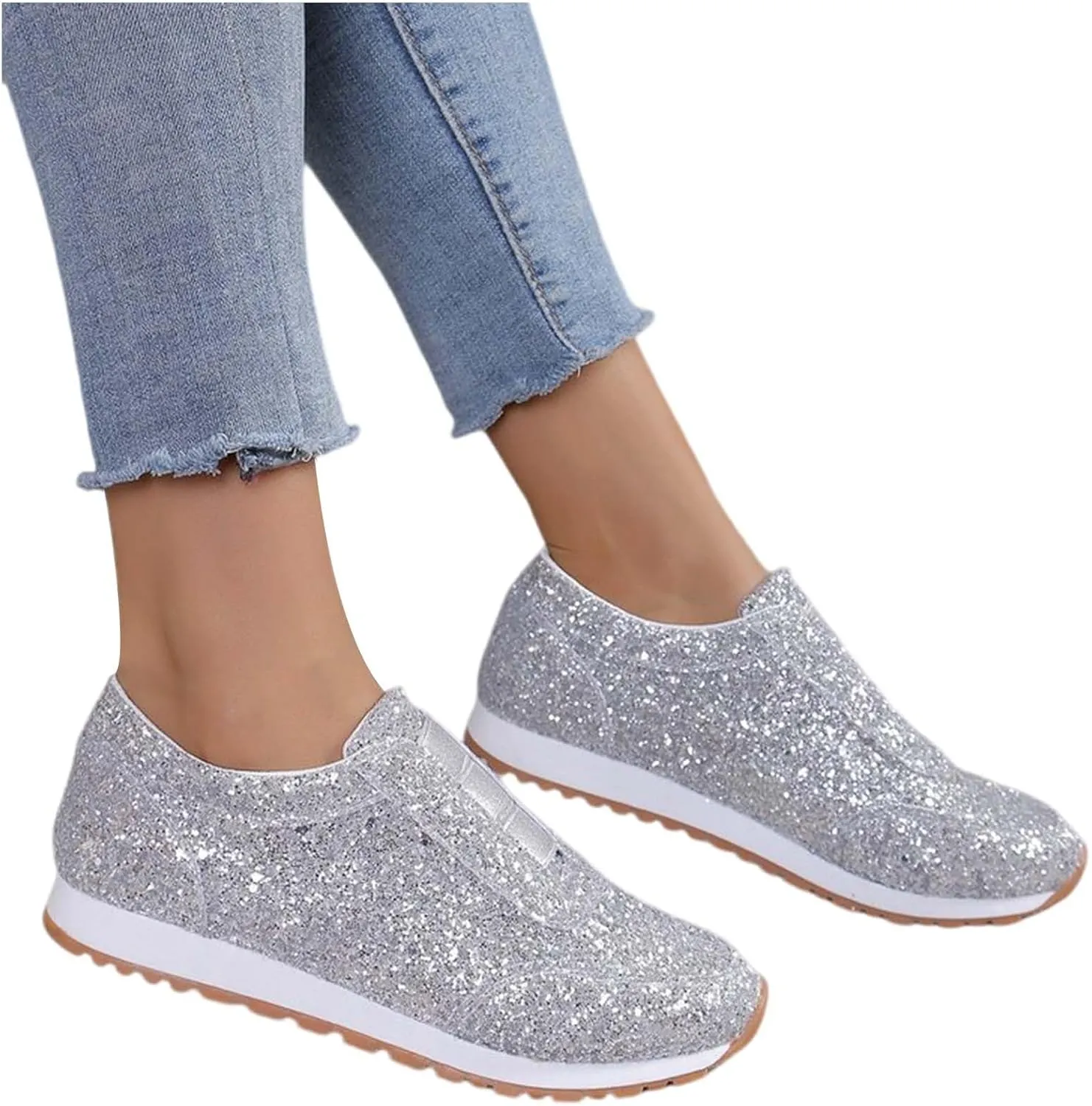 Woman Tennis Shoes, Fashion Sequin Athletic Shoes Comfortable Slip On Running Sneakers Causal Walking Workout Shoes