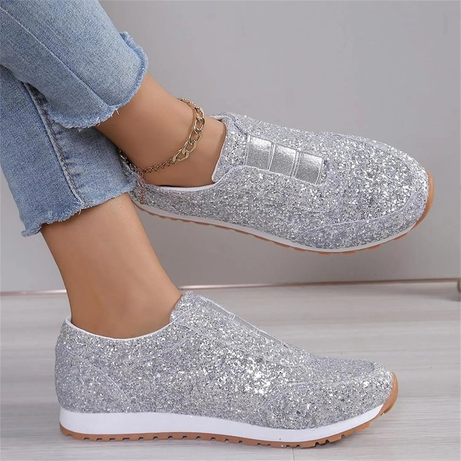 Woman Tennis Shoes, Fashion Sequin Athletic Shoes Comfortable Slip On Running Sneakers Causal Walking Workout Shoes