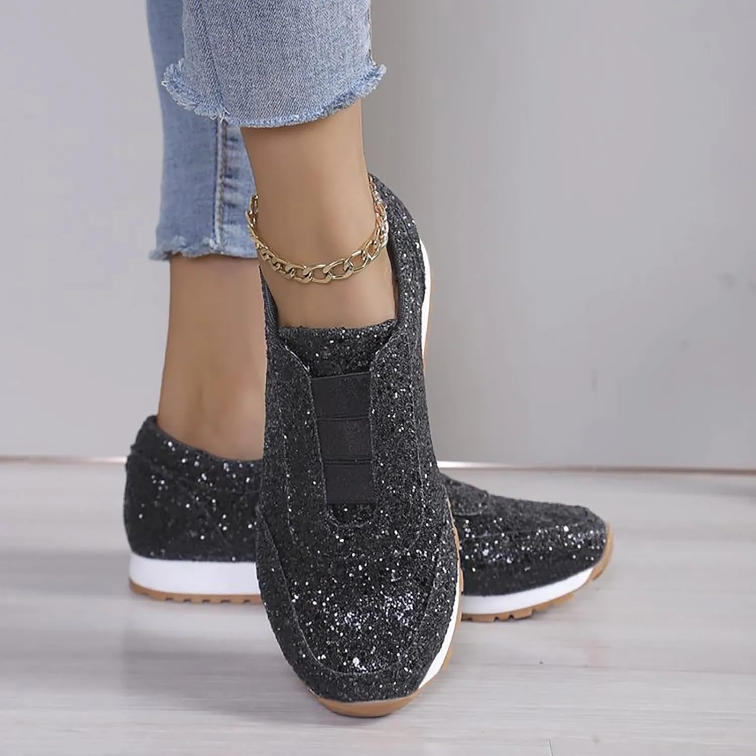 Woman Tennis Shoes, Fashion Sequin Athletic Shoes Comfortable Slip On Running Sneakers Causal Walking Workout Shoes