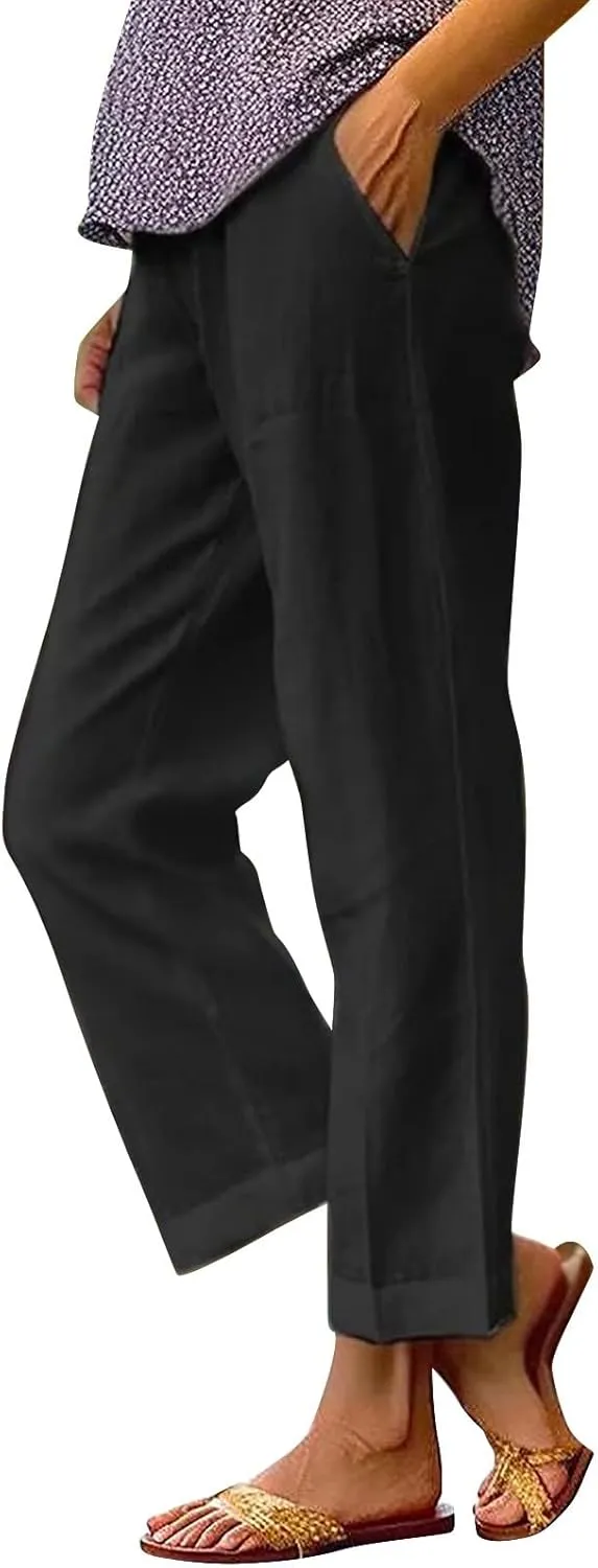 Women Linen Pants Solid Elastic Pants Long Drawstring Linen Women Waist Cotton Casual Pants Casual Button Up Flowy
