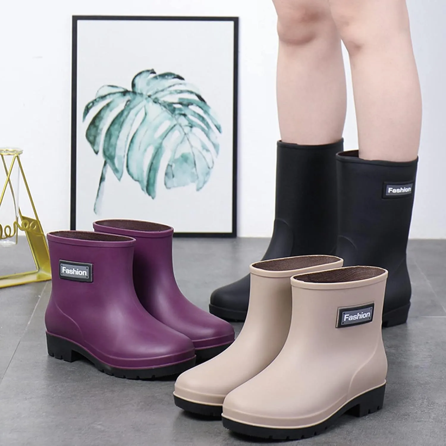 Women Wide Calf Rain Boots Light Waterproof Anti Slip PVC Rubber Garden Boot Matte Surface Work Walking Rain Shoes