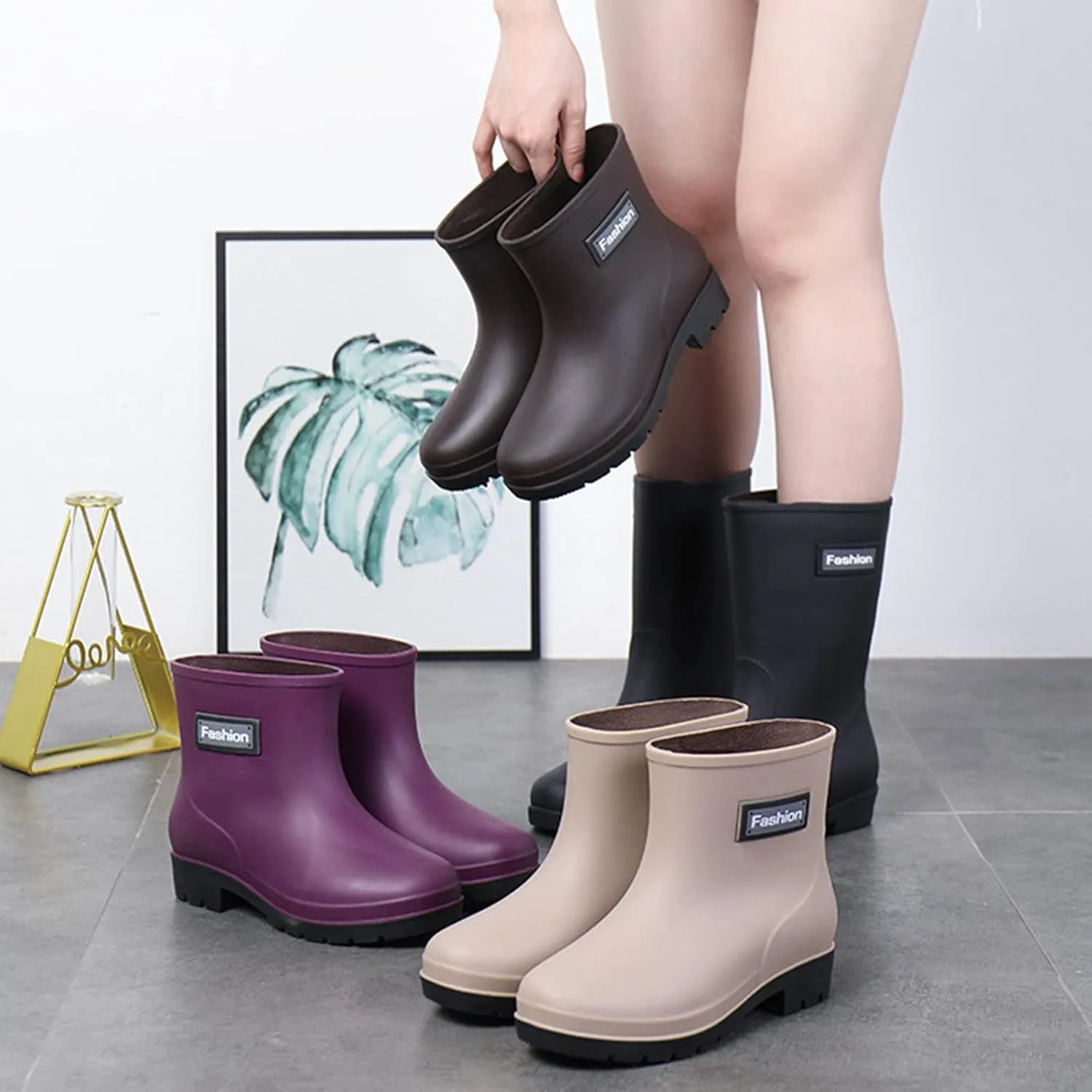 Women Wide Calf Rain Boots Light Waterproof Anti Slip PVC Rubber Garden Boot Matte Surface Work Walking Rain Shoes