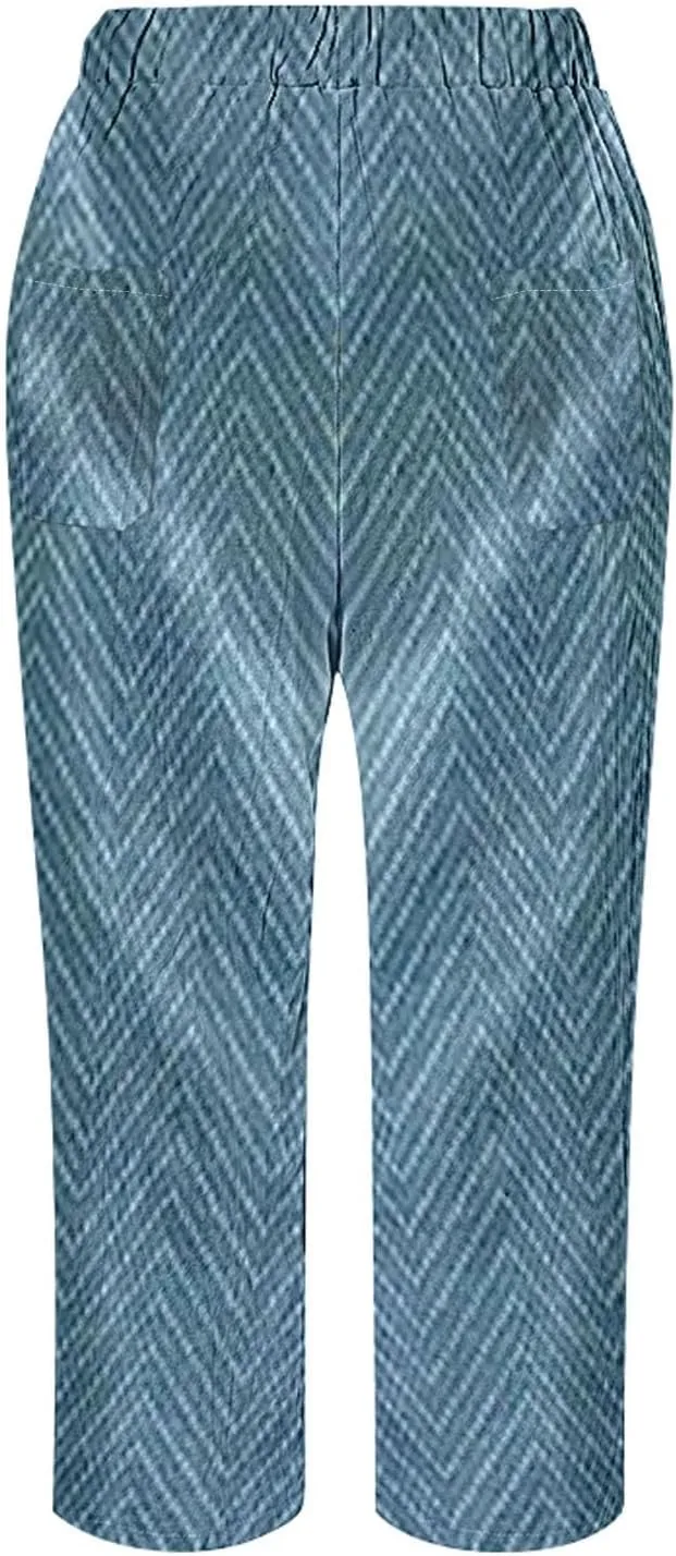 Women's Boho Summer Linen Capri Pants Elastic Drawstring Waist Wide-Leg Trousers with Pockets for Travel