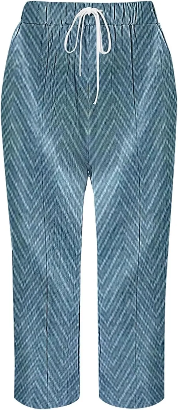 Women's Boho Summer Linen Capri Pants Elastic Drawstring Waist Wide-Leg Trousers with Pockets for Travel