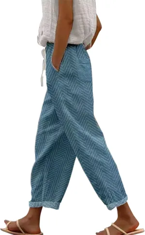 Women's Boho Summer Linen Capri Pants Elastic Drawstring Waist Wide-Leg Trousers with Pockets for Travel